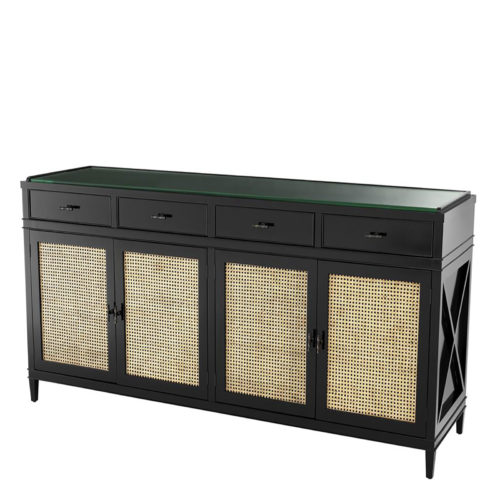 Designer Dresser Bahamas by Eichholtz on black finish with natural mesh cane webbing and a clear glass top. Features 2 drawers and a wooden shelf