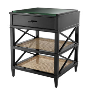 Luxurious Side Table Bahamas by Eichholtz in mahogany wood black finish with natural mesh cane webbing and 2 clear glass shelves. Features 1 drawer
