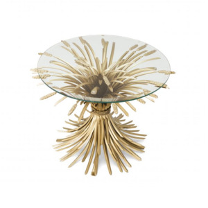 Luxurious Side Table Bonheur by Eichholtz in painted brass colour with bevelled clear glass top. Sheaf-shaped base