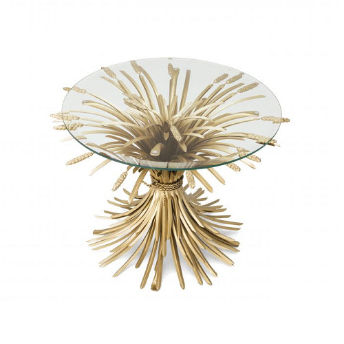 Luxurious Side Table Bonheur by Eichholtz in painted brass colour with bevelled clear glass top. Sheaf-shaped base