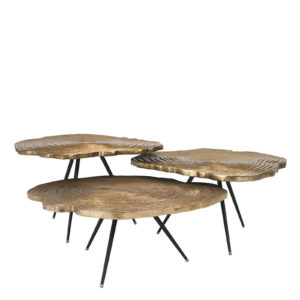 Designer Coffee Table Quercus (set of 3) by Eichholtz. Wooden table-tops (wood grains) with bronze finish and black legs. Tables vary in height