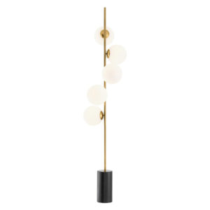 Floor Lamp Tempo by Eichholtz antique brass finish with 5 white glass sphere lampshades and black marble base