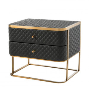 Bedside Table Monfort by Eichholtz in diamond quilted black faux leather upholstery and brushed brass finish