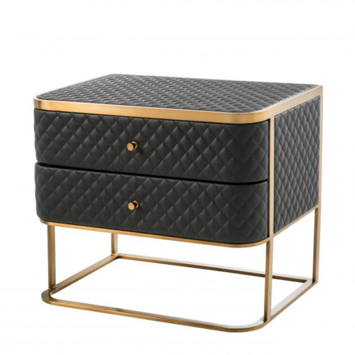 Bedside Table Monfort by Eichholtz in diamond quilted black faux leather upholstery and brushed brass finish