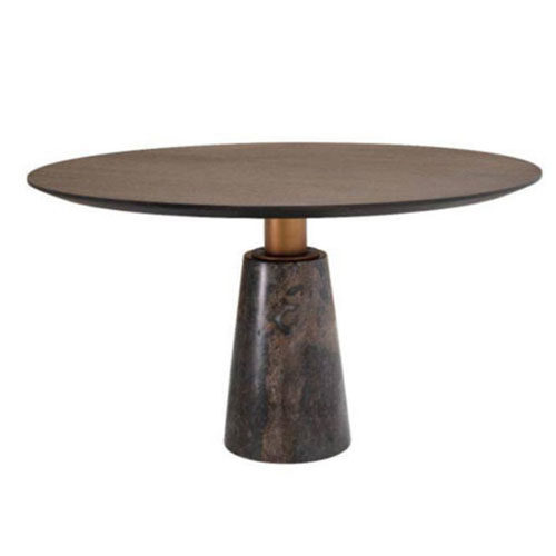 Designer Round Dining Table Genova by Eichholtz with mocha oak veneer table-top and grey marble and brushed brass base