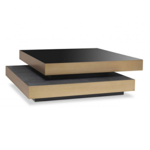 Designer Coffee Table Shelton by Eichholtz in a brushed brass finished rim with 2 overlapping squares. Bottom square with a charcoal grey oak veneer top and the top square with a black glass table-top