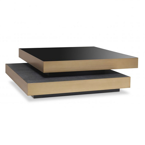 Designer Coffee Table Shelton by Eichholtz in a brushed brass finished rim with 2 overlapping squares. Bottom square with a charcoal grey oak veneer top and the top square with a black glass table-top