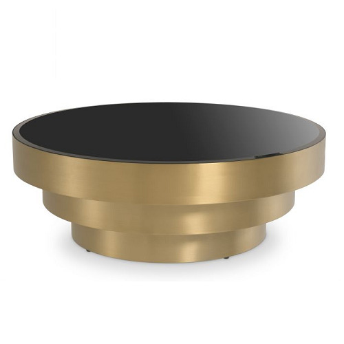 Designer round Coffee Table Sinclair by Eichholtz in brushed brass finish with black bevelled glass. Features a telescopic design
