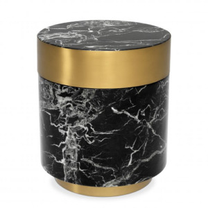 Designer Side Table Caron by Eichholtz in black faux marble with white veins and features a brushed brass round rim