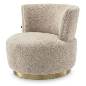 Designer Occasional Chair Alonso by eichholtz in canberra sand or bouclè cream fabric finish with a brushed brass finish swivel base