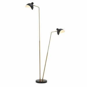 Floor Lamp Asta Double by Eichholtz antique brass / black finish with black marble base. Shades and stems swivel