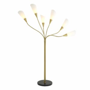 Floor Lamp Gagnon by Eichholtz in antique brass finish with 6 white glass shades and honed black marble base