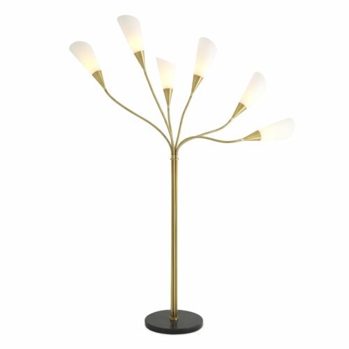 Floor Lamp Gagnon by Eichholtz in antique brass finish with 6 white glass shades and honed black marble base