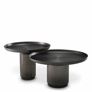 Designer Coffee Table Zachary (set of 2) by Eichholtz in gunmetal finish with raised edge table-top and cylindrical frosted glass base