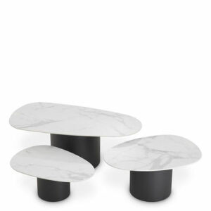 Designer Coffee Table Zane White Ceramic Marble set of 3 by Eichholtz with black finish and ceramic marble look. Table vary in height