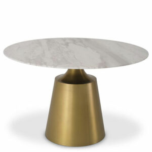 Designer Round Dining Table Nathan by Eichholtz with a brushed brass tapered base and white Volakas marble top