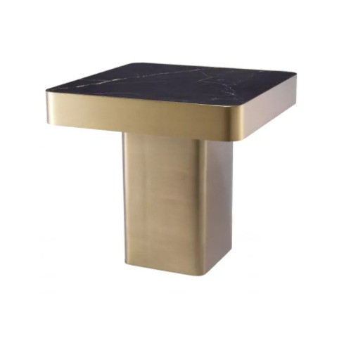 Designer Luxus Side Table by Eichholtz in brushed brass finish with ceramic marble look table-top
