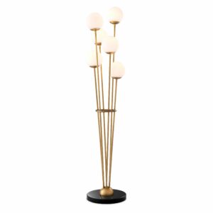 Floor Lamp Tortora by Eichholtz in antique brass finish with six white glass globes and black marble base