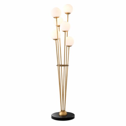 Floor Lamp Tortora by Eichholtz in antique brass finish with six white glass globes and black marble base