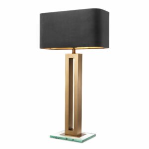 Table Lamp Cadogan by Eichholtz antique brass finish with a clear glass base and grey velvet shade