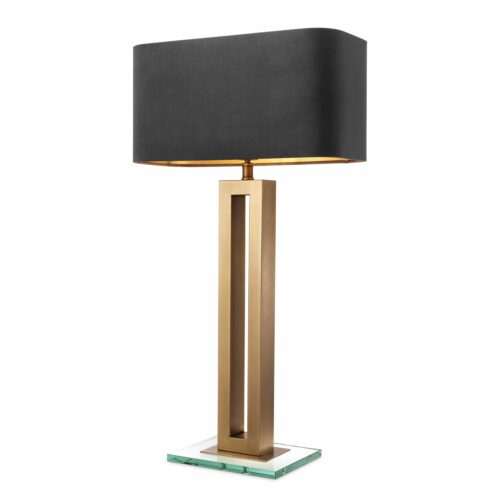 Table Lamp Cadogan by Eichholtz antique brass finish with a clear glass base and grey velvet shade