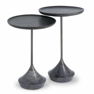 Designer Side Table Puglia (set of 2) by Eichholtz with grey marble bases, matte mindi wood table-tops and bronze finish legs