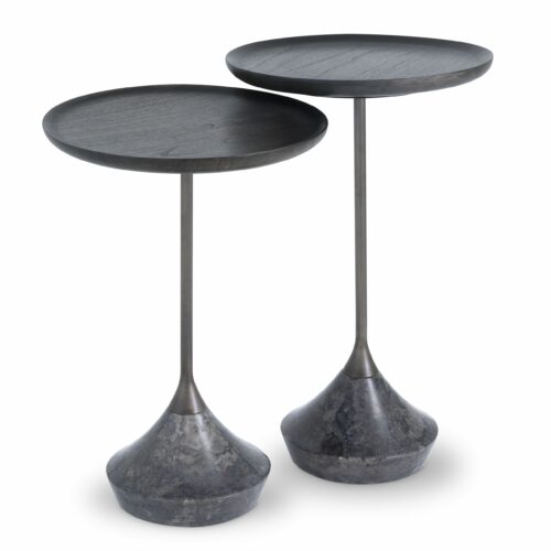 Designer Side Table Puglia (set of 2) by Eichholtz with grey marble bases, matte mindi wood table-tops and bronze finish legs