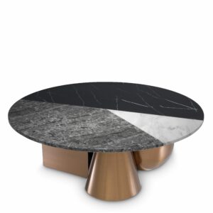 Designer Coffee Table Tricolor by Eichholtz in brushed copper finish with faux marble top. Cube, ball and cone structure base with a round 3 different color marble table-top