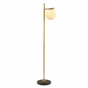 Floor Lamp Faloria by Eichholtz in antique brass finish with alabaster sphere and black round marble base