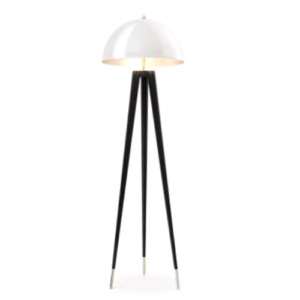 Floor Lamp Coyote by Eichholtz in gold or nickel finish with black tripod legs and dome shaped lampshade