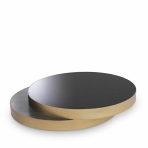 Designer Coffee Table Griffith by Eichholtz in brushed brass finish. Two overlapping discs , lower disc with the top in charcoal grey oak veneer and the upper disc with a top of black glass - rim brushed brass