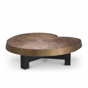 Designer Coffee Table Anabelle by Eichholtz in antique gold finish with black finish legs. Table-top is heart-shaped with wood grain structure
