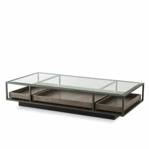 Designer rectangular Coffee Table Roxton by Eichholtz in bronze finish and grey veneer with clear glass. Features 3 grey veneer pull-out drawers on rails
