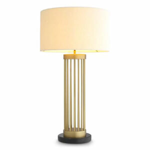 Table Lamp Condo in antique brass finish with black marble base and round boucle shade or round black shade with gold inner for extra warm light