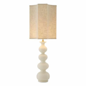 Table Lamp Mabel antique brass finish with a base of cracked white ceramic with linen mix lampshade