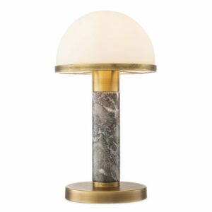 Table Lamp Ziegel by Eichholtz in antique brass and grey marble finish with white glass dome lampshade
