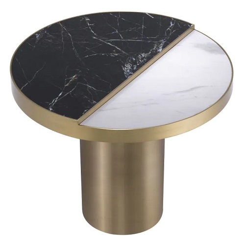 Designer Side Table Excelsior by Eichholtz in brushed brass finish with a ceramic marble top look