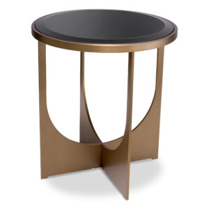 Designer round Side Table Elegance by Eichholtz in brushed brass finish with bevelled black glass