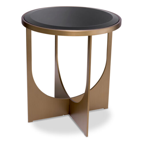 Designer round Side Table Elegance by Eichholtz in brushed brass finish with bevelled black glass