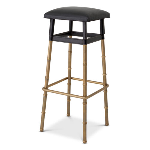Designer Bar Stool Princess by Eichholtz in vintage brass finish with black leather seating