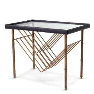 Designer Side Table Princess by Eichholtz in vintage brass finish with black leather on rectangular sides and clear glass table-top