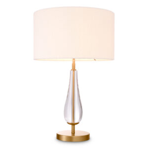 Table Lamp Stilla by Eichholtz in antique brass finish with crystal glass and boucle shade