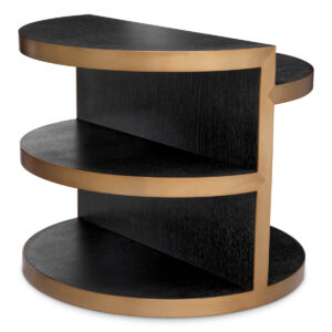Designer Nilo round Side Table by Eichholtz in charcoal grey oak veneer and brushed brass finish. Split level table-top