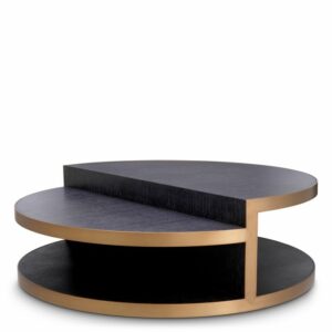 Designer Nilo round Coffee Table by Eichholtz in charcoal grey oak veneer and brushed brass finish. Split level table-top