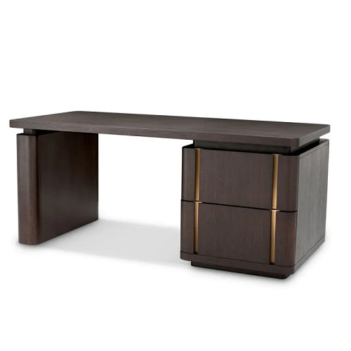 Designer Desk Modesto by Eichholtz in natural oak veneer and brushed bronze finish or mocha oak veneer and brushed brass finish, Features two drawers