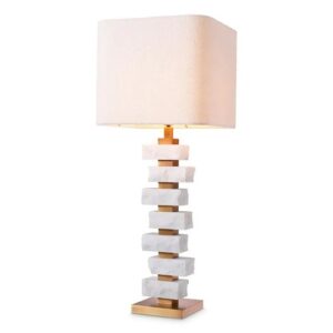 Table Lamp Amber L by Eichholtz in antique brass finish with rough white marble and includes boucle shade