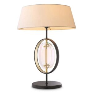 Table Lamp Vincente by Eichholtz in gunmetal and gold finish with bevelled glass and honed black marble including a white shade