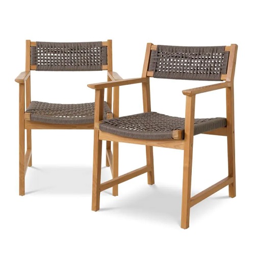 Outdoor Dining Chair Cancun by Eichholtz in natural teak with grey colour weave. Features set of 2