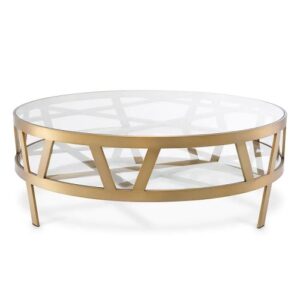 Round designer Coffee Table Billinghurst by Eichholtz in brushed brass finish with a clear glass tops