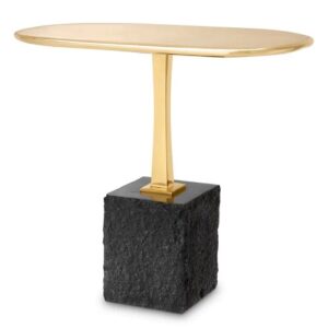 Designer Side Table Kayan L by Eichholtz with a polished brass top and a black granite base